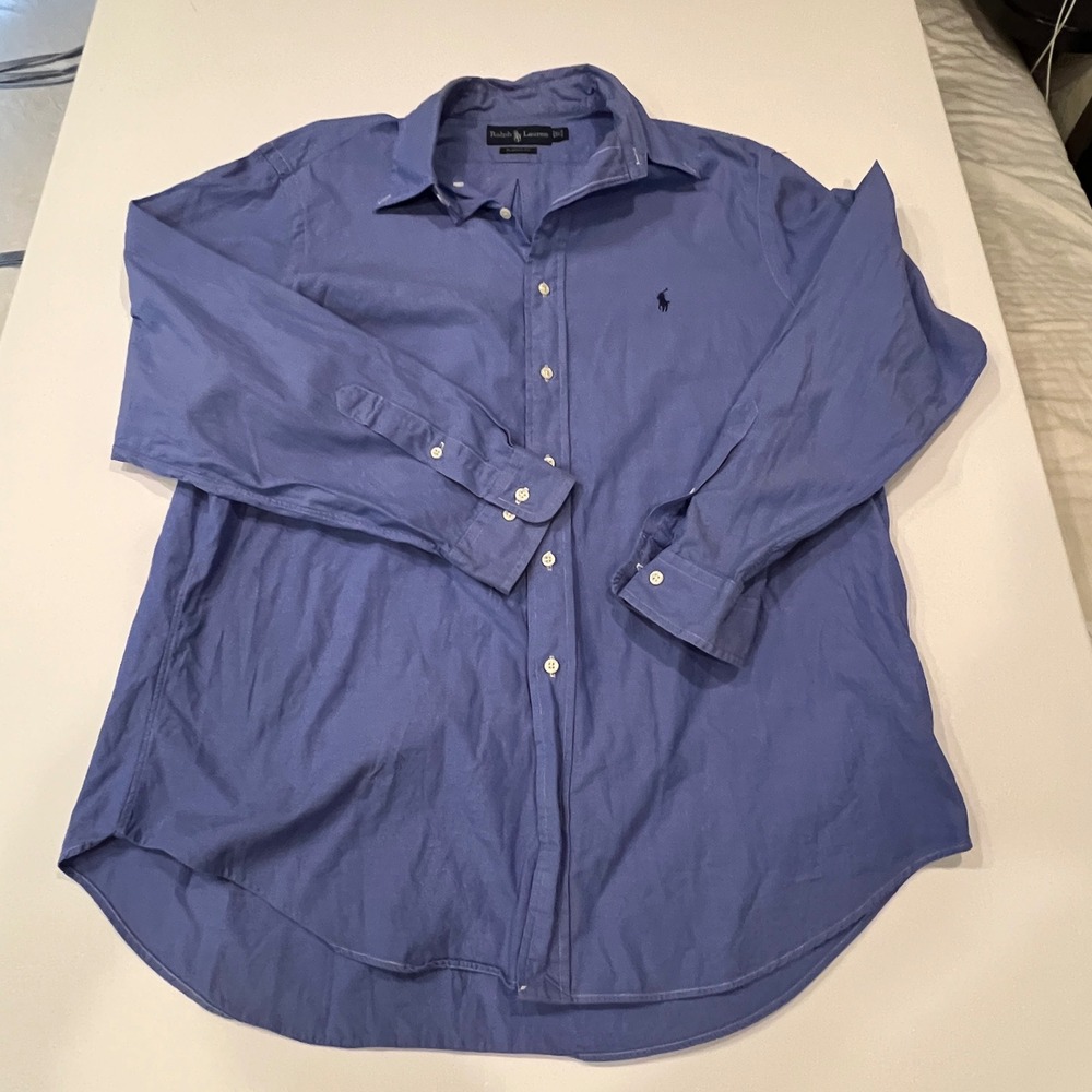 Ralph Lauren Mens Classic Fit Blue Button Down Shirt 17 34/35 Cotton Pony Logo